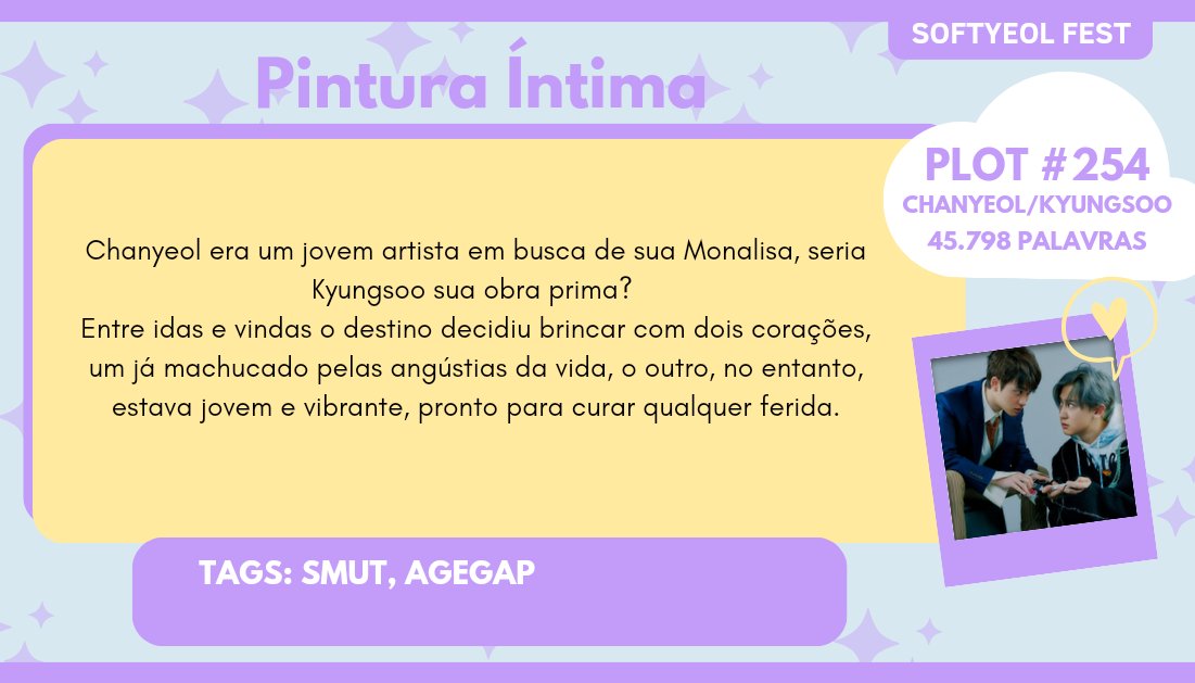 softyeolfest's tweet photo. ⤷ Pintura Íntima
☁️ Chanyeol/Kyungsoo
☁️ Smut, Age Gap, Transfem Character
☁️ #PLOT254 | 45.798 palavras
» https://t.co/NzPXRKeyV8 https://t.co/hs5OYuDJYC