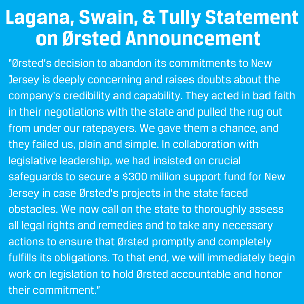 LD38Democrats's tweet photo. Senator Joe Lagana, Assemblywoman Lisa Swain, and Assemblyman Chris Tully released the following statement on the Ørsted announcement: https://t.co/AivG1sFCyj
