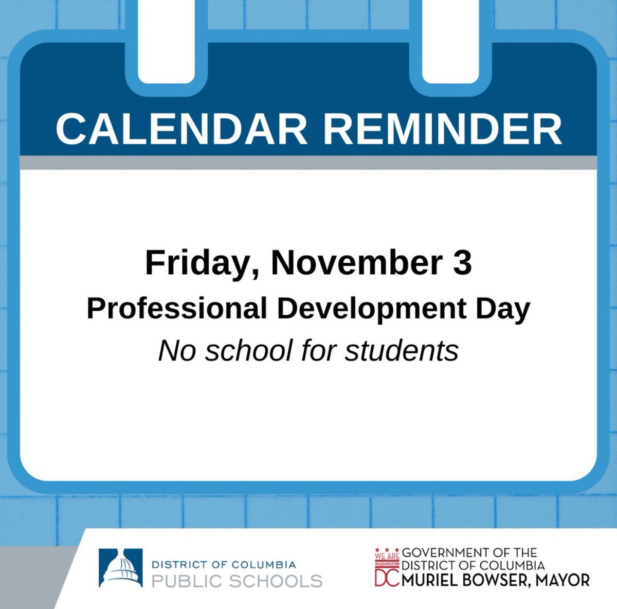 Reminder! No school this Friday, Nov 3