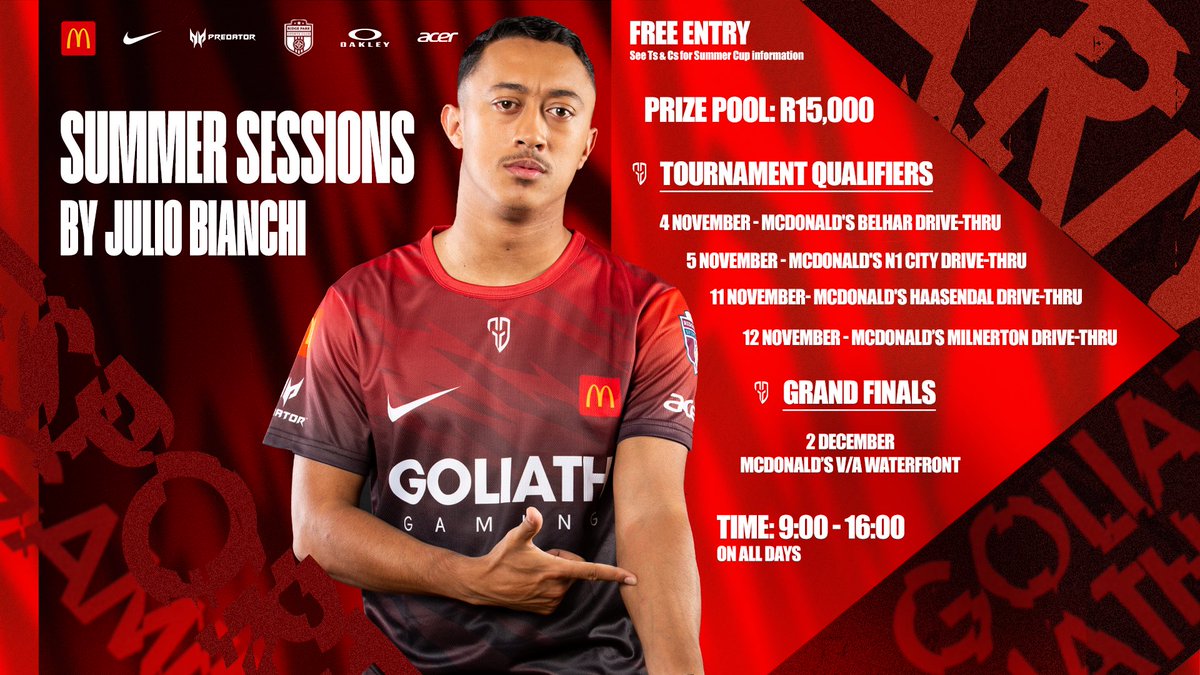 Cape Town, we heard you loud and clear😎

#McDeezXGoliath are delighted to invite you to Julio Bianchi’s ‘Summer Sessions’. The Summer Sessions are a series of gaming workshops hosted in <a href="/McDonalds_SA/">McDonald’s SA</a> stores across Cape Town; giving our CPT fam the chance to come through and