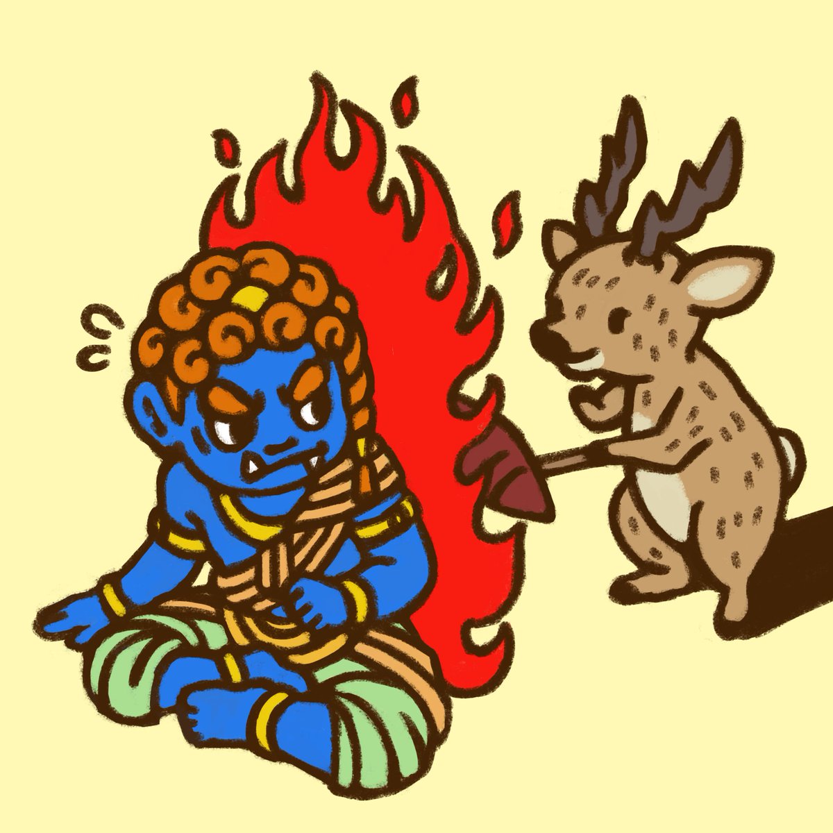 「【夜の落書き】 芋を焼く鹿さん  #食欲の秋」|ヨシノマホ🦌奈良クリエイターのイラスト