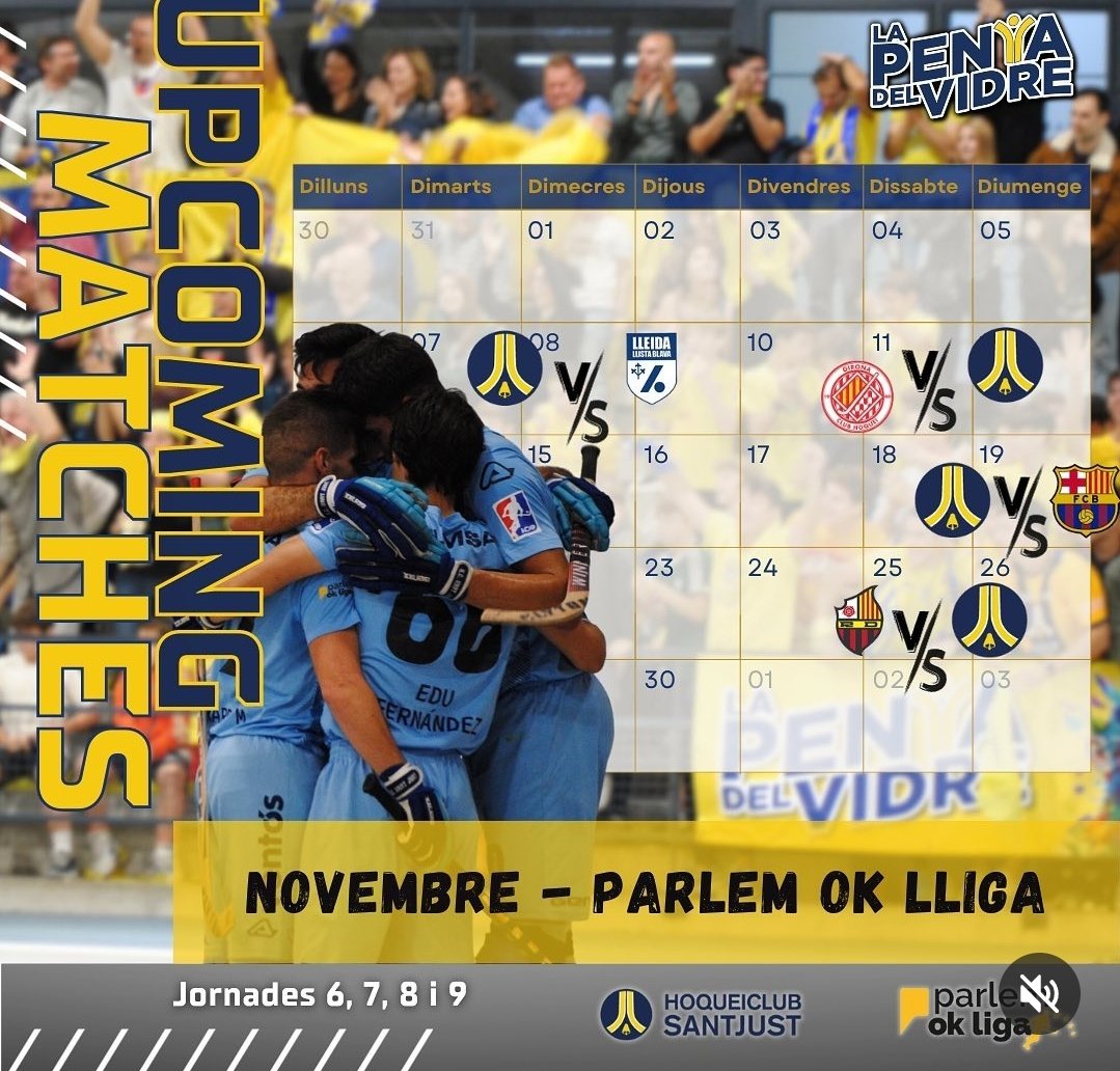 📆🏒 #Hoquei - Calendari de partits del 1r equip de l'<a href="/HCSantJust/">HC SANT JUST</a> el mes de #novembre a la <a href="/okliga_oficial/">OK Liga</a>: jornades 6, 7, 8 i 9

🔹️8/11 (a casa)    ✴️ Finques Prats Lleida
🔹️11/11 (visitant) ✴️ Girona CH
🔹️19/11 (a casa)  ✴️ FCB Hoquei
🔹️25/11 (visitant)✴️ Reus Deportiu