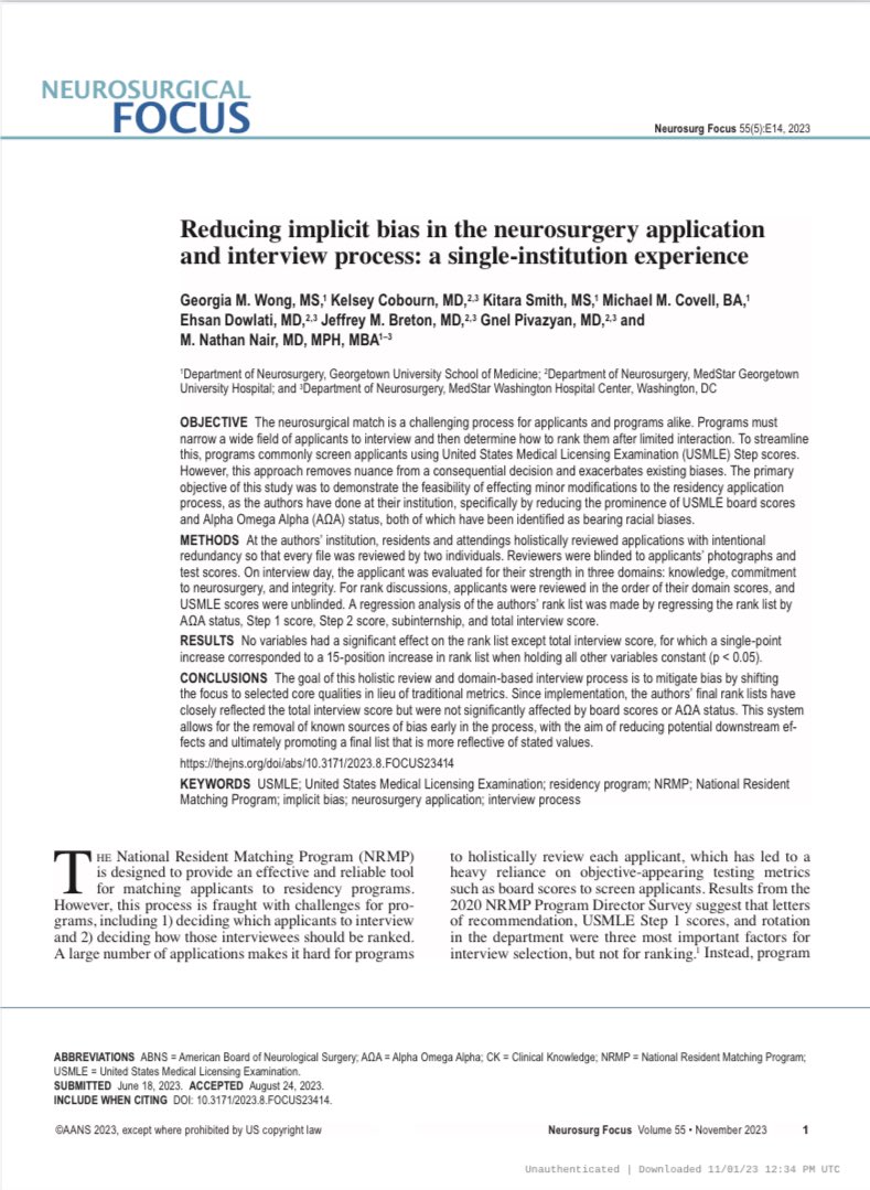 New @TheJNS #NeurosurgicalFocus: Led by @GeorgiaMWong, we describe @MGUHNeurosurg’s process to reduce implicit bias in the review of #neurosurgery residency applicants. 

@kelseycob @kitaras123_ @edowlati @jeffreybretonMD @Gnel_MD