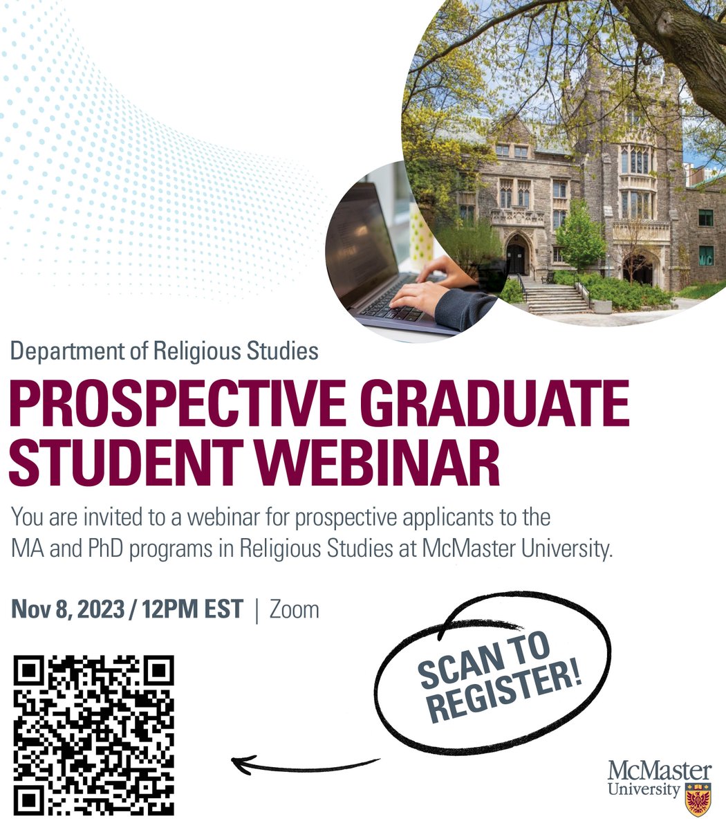 Join us on Nov 8, 2023 at 12:00PM EST to learn more about completing an MA or PhD in Religious Studies at McMaster University.

Register in advance for this meeting:
mcmaster.zoom.us/meeting/regist…