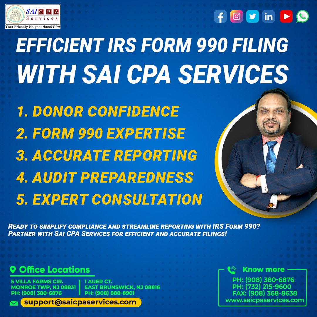 Efficient IRS Form 990 Filing Made Easy with Sai CPA Services – Your Non-Profit Compliance Experts.

Contact Us: lnkd.in/d_N3D-Sh
lnkd.in/dKmUSsNw
x.com/saicpa
lnkd.in/dNBzMfNt
(908) 380-6876

#IRSForm990 #NonProfit #ComplianceExperts #SaiCPA