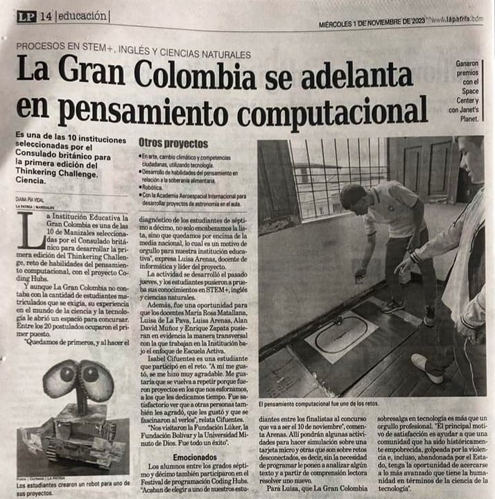 luisadelapavam's tweet photo. #IEGranColombiaManizales de nuevo en @lapatriacom, esta vez por participación en el proyecto #CodingHubs del @cobritish, pensamiento computacional, robótica y Programación
Más información: oferta y matrículas, llame al 6068832477 @leonida84301474 @leonidaslopezm @elipacheca https://t.co/Bi2CjMPsk2