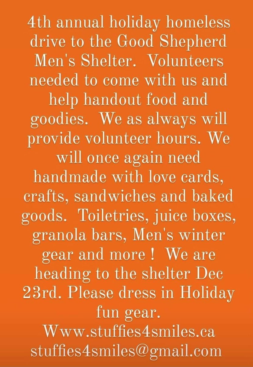 Hello friends, please see the Holiday homeless drive volunteer opportunities &amp; items needed.  
Santa helpers needed for our Shelter run and Christmas package deliveries.  We had very successful last 3 years and everyone who comes