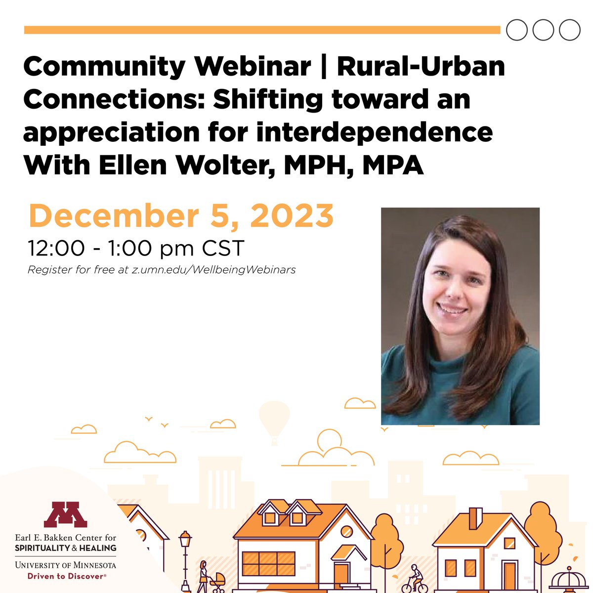 UMN Extension Community Development (@umn_ext_cd) on Twitter photo Wondering what, exactly, is the "rural/urban divide"? Join us for a webinar on 12/5 at noon (CST) to hear <a href="/UMNExt/">U of MN Extension</a>'s Ellen Wolter explain this narrative—and why buying into it makes it harder for #rural and urban areas to function and prosper. z.umn.edu/91x7 <a href="/UMNCSH/">Earl E. Bakken Center for Spirituality & Healing</a> Wondering what, exactly, is the "rural/urban divide"? Join us for a webinar on 12/5 at noon (CST) to hear <a href="/UMNExt/">U of MN Extension</a>'s Ellen Wolter explain this narrative—and why buying into it makes it harder for #rural and urban areas to function and prosper. z.umn.edu/91x7 <a href="/UMNCSH/">Earl E. Bakken Center for Spirituality & Healing</a>