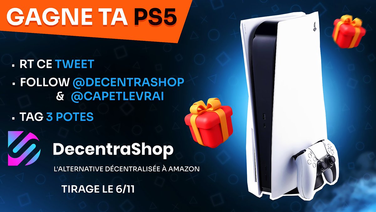 🎁 CONCOURS 🎁 Une PLAYSTATION 5 à GAGNER avec @DECENTRASHOP 🎮

POUR PARTICIPER :
🔁 RT ce tweet
✅ Follow <a href="/Decentrashop/">Decentrashop 🛒</a> &amp; <a href="/Capetlevrai/">CAPET ☀️</a>
💬 Tag 3 amis en commentaires

📅 TAS le 06/11