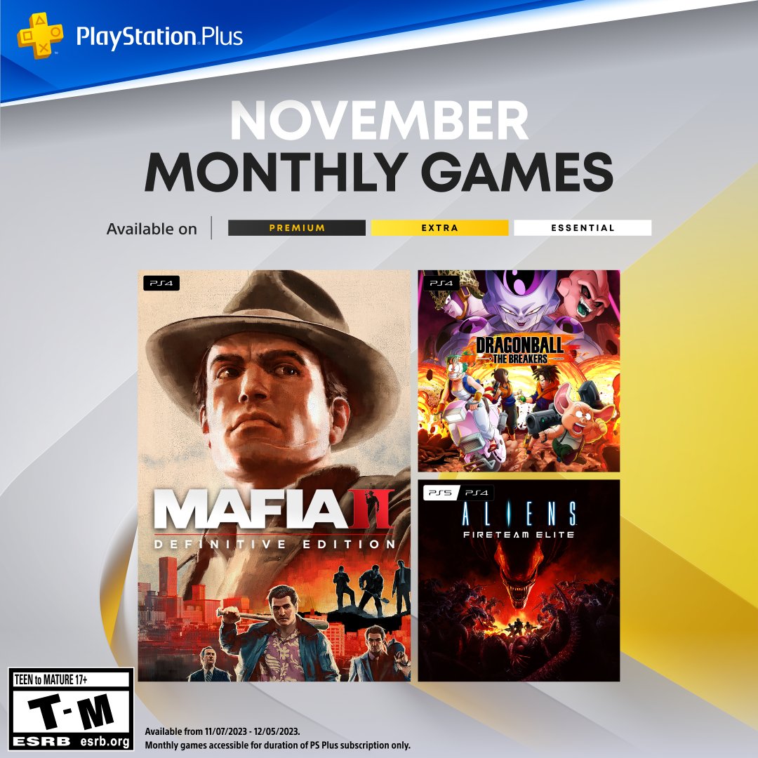 PlayStation on X: The PlayStation Plus Monthly Games for November are: ➕  Mafia II: Definitive Edition ➕ Dragon Ball: The Breakers ➕ Aliens Fireteam  Elite Full details:   / X