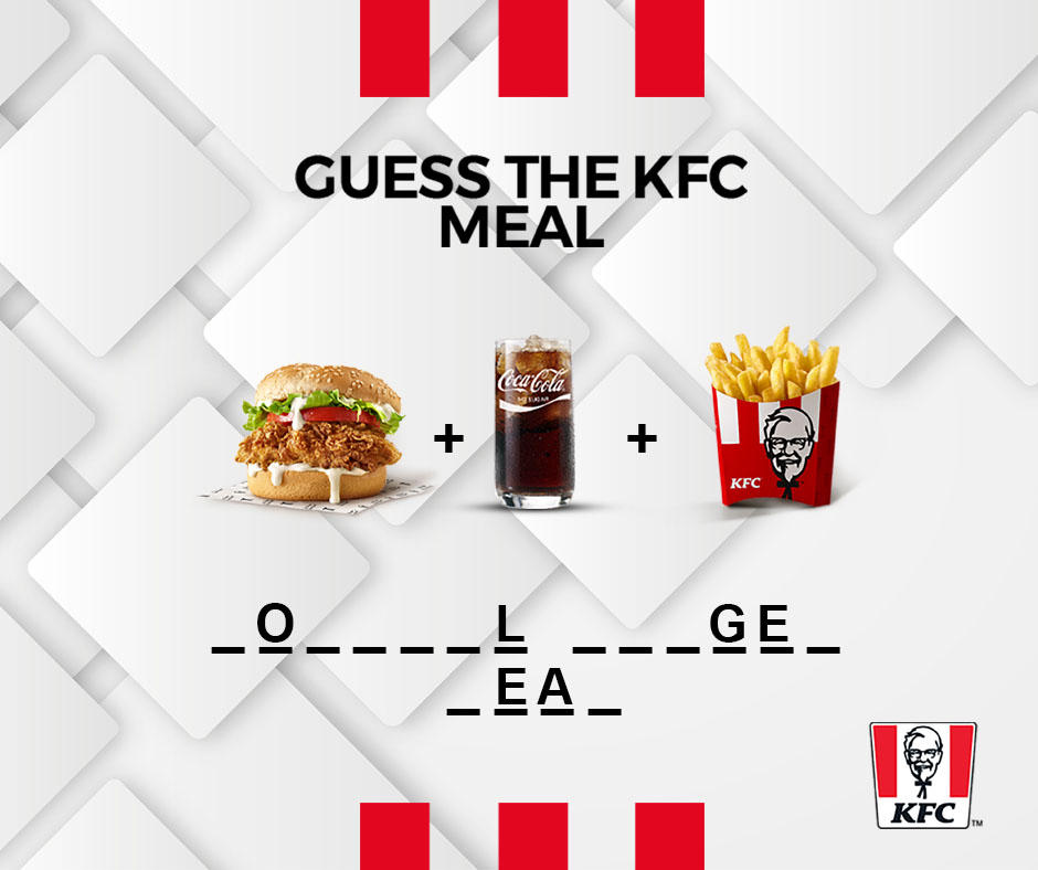 Where are the geniuses? 👀 Guess the KFC meal! 😁 A winner will be chosen at random and will receive a free 𝟗-𝐩𝐢𝐞𝐜𝐞 𝐜𝐡𝐢𝐜𝐤𝐞𝐧 𝐛𝐮𝐜𝐤𝐞𝐭.🍗 Like, Retweet and add the hashtag #KFCGhana to make it valid.