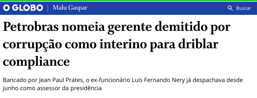 Na estatal onde aconteceu o maior esquema de corrupção do Brasil, parece que poucas lições foram aprendidas: depois de nomear o sócio da offshore de Nestor Cerveró como diretor jurídico, agora volta à Petrobras um gerente demitido por corrupção.

🔗 oglobo.globo.com/blogs/malu-gas…