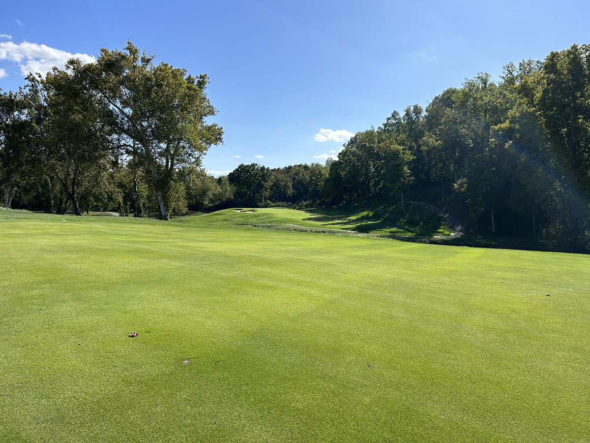 KYGolfHoles's tweet photo. #6 at Valhalla GC is aptly named The Bear both for its Nicklaus design and brute test of golf. The par 4 topping out at 490 yards doglegs right over the wide Floyd’s Fork, forcing the player to hit a an approach shot at a minimum distance of 185. The first shot club will vary from driver to iron depending on tee. Misses into the fescue likely require a layup second. The green welcomes shots along the ground and misses right. Par here is often earned by two good shots and still yet, an up and down.

#golf #golfcourse #golfcourses #golfcoursearchitecture #golfcoursephotos #golfcoursemaintenance #golfchat #golfaddict #kentucky

Credit: WLKY YouTube for overhead photos