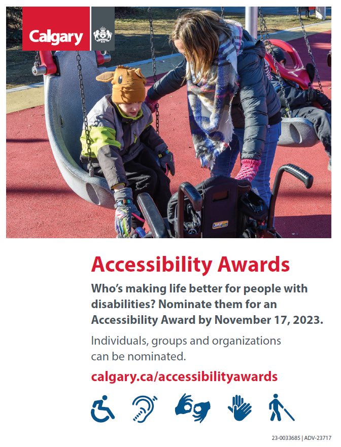 carmes777's tweet photo. Do you know an individual or organization making life better for people with disabilities? Nominate them for a Calgary Accessibility award by November 17, 2023! https://t.co/yadcDRdvLQ