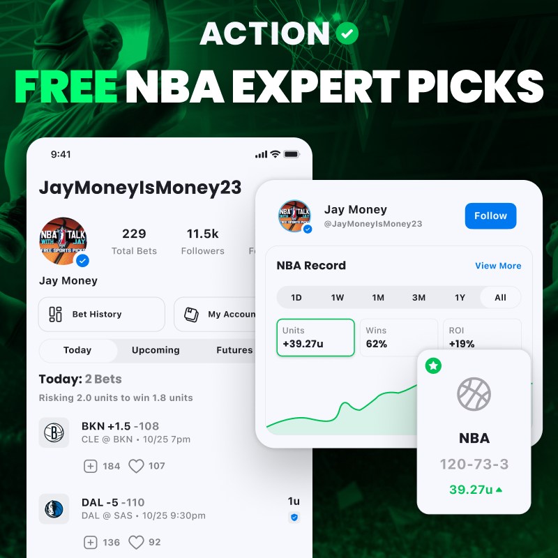 ActionNetworkHQ's tweet photo. Jay Money is MONEY when it comes to betting hoops. 💸

Want all of his NBA picks? 

Follow Jay on the Action app! ⬇️