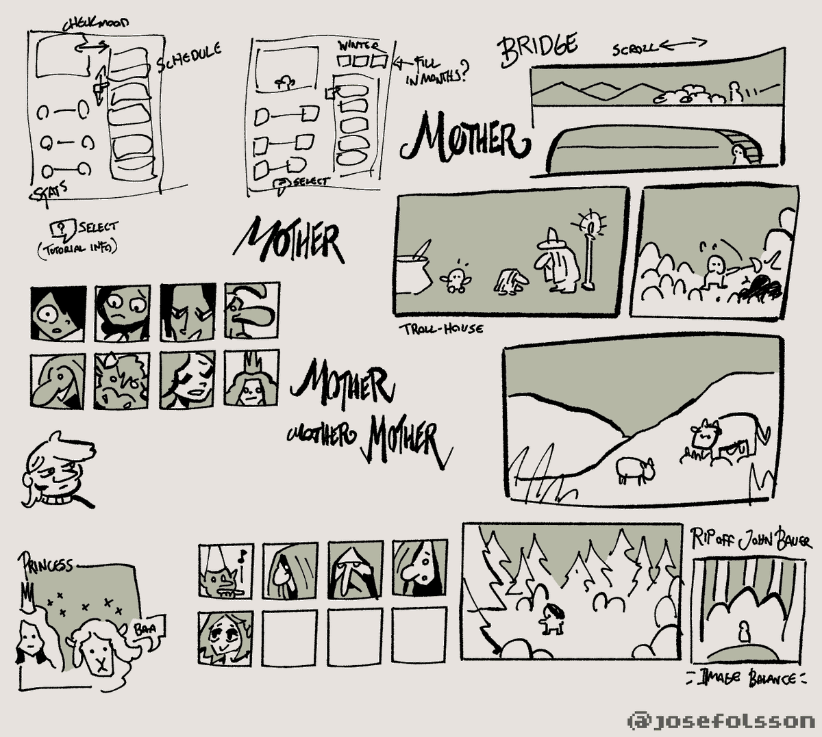 josefolsson's tweet photo. Early layout sketches and character portraits. The transformed princess was originally a sheep. #Trollmother #gbcompo23 https://t.co/vrittYZgd6