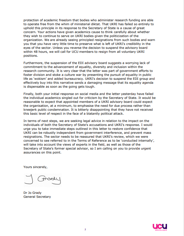 UCU (@ucu) on Twitter photo We have today written to <a href="/UKRI_News/">UK Research and Innovation</a> to express our anger and disappointment at their capitulation to the demands of <a href="/michelledonelan/">Rt Hon Michelle Donelan</a> in relation to the suspension of the Equality, Diversity and Inclusion (EDI) advisory board We have today written to <a href="/UKRI_News/">UK Research and Innovation</a> to express our anger and disappointment at their capitulation to the demands of <a href="/michelledonelan/">Rt Hon Michelle Donelan</a> in relation to the suspension of the Equality, Diversity and Inclusion (EDI) advisory board