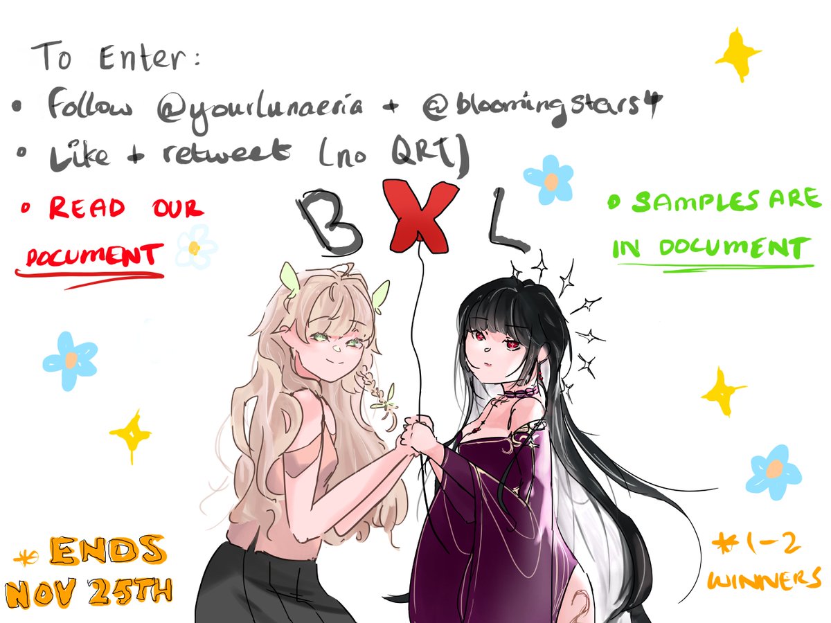 !! (rec) MV RAFFLE 🎈 by BxLUNE 🎈 To enter;

- Follow <a href="/yourlunaeria/">lunaeria (*˘︶˘*).｡.:*♡</a> and <a href="/BloomingStars4/">BloomingStars</a> 
- Like 
- Retweet (no QRT) 
- For additional entries; reply with the song you're covering and/or an MV you like! 
- PLEASE READ; bit.ly/BxLUNErfls

Ends 25th of November
