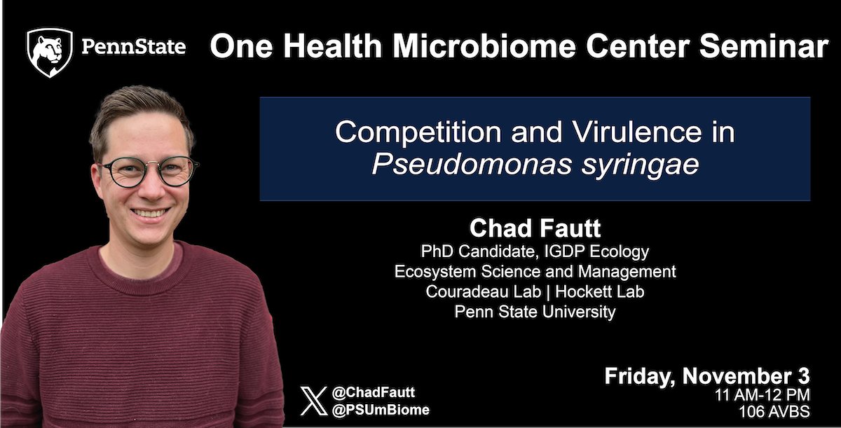 🌍 Join us Friday at 11AM ET to hear <a href="/ChadFautt/">Chad Fautt</a> from <a href="/PSUecosystems/">PSU Ecosystems</a> and <a href="/Gloeomargarita/">Estelle Couradeau</a> <a href="/k_hockett/">Kevin Hockett</a> Labs discuss Pseudomonas syringae competition and virulence, including in silico modeling, comparative genomics, and more!

If you can't come in person, DM us for the zoom link!
