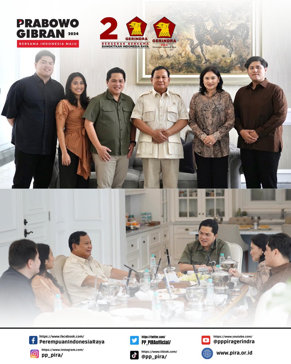 PP_PIRAofficial's tweet photo. Salam Indonesia Raya. Hai sobat PIRA. Pak Prabowo makan siang bersama Pak Erick Tohir.
PIRA Luar Biasa!!!
#pira #piraluarbiasa #piragoesdigital #perempuan #piragerindra #gerindra #gerindramenang #2024prabowopresiden #hutpira #prabowogibran https://t.co/MfeEzYA6s9