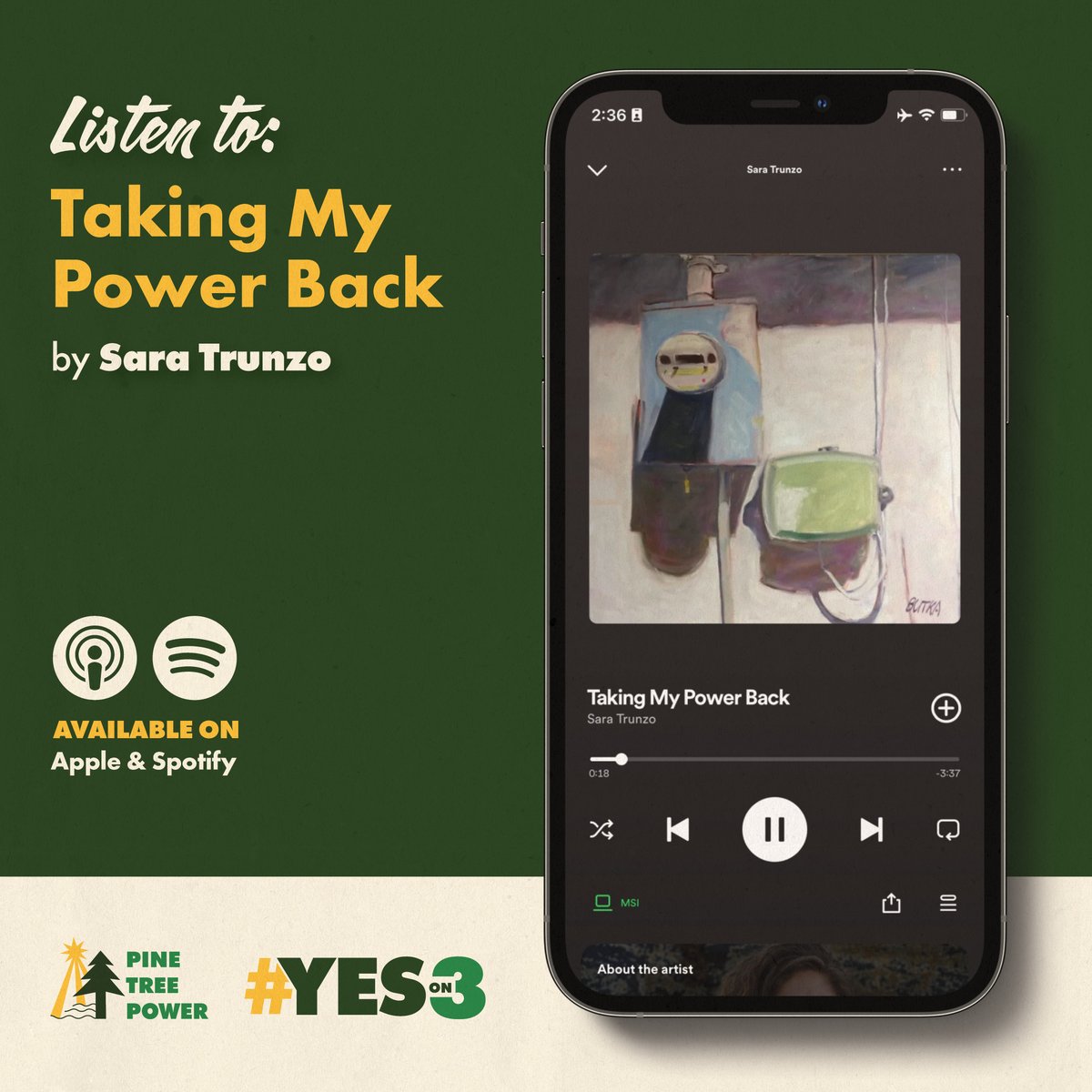 PineTreePower_'s tweet image. We&apos;re thrilled to share our anthem, &quot;Taking My Power Back,&quot; by Sara Trunzo. It embodies our message of reclaiming control of our own energy future here Maine. Stream it on Spotify &amp;amp; watch the video: loom.ly/LUPOrqA

#YesOn3 for affordable, reliable, local power 🌲💡