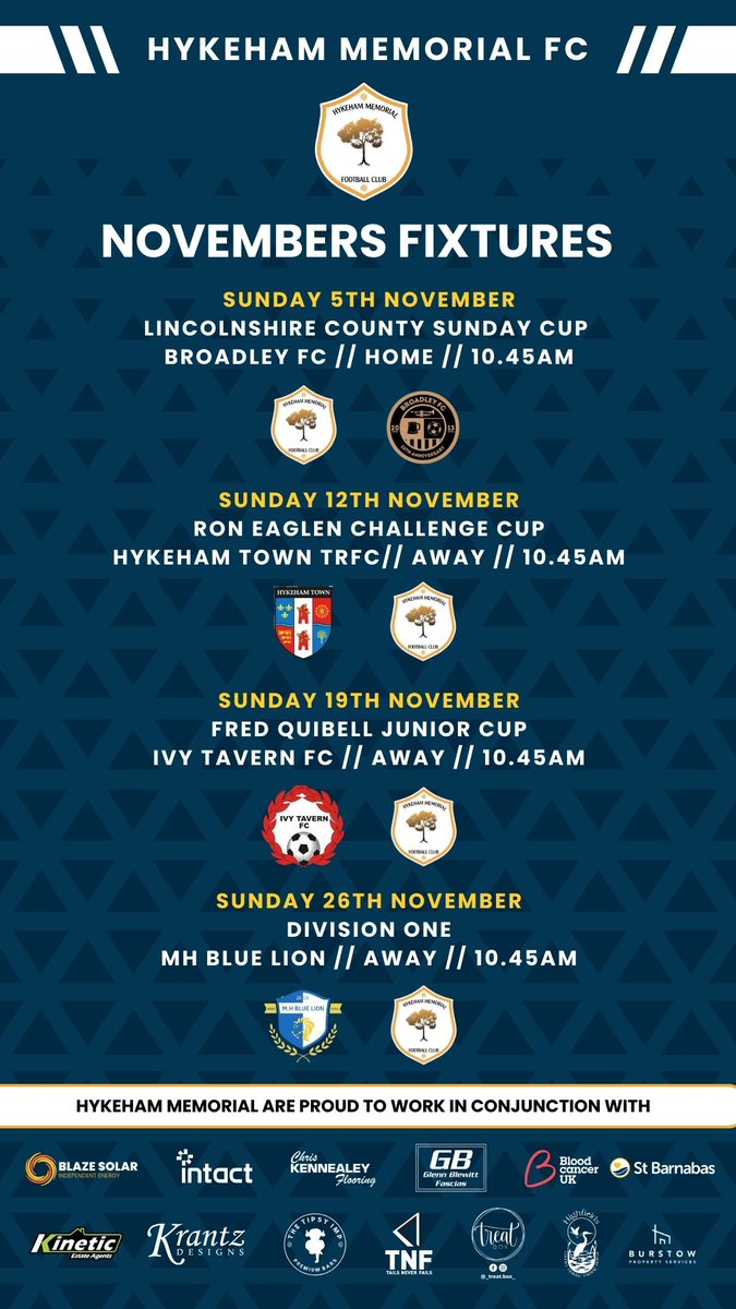 November is cup month with three cup games to look forward to. We kick off against <a href="/BroadleyFC/">Broadley FC</a> in the County Cup, followed by a Ron Eaglen cup match vs <a href="/HykehamTownTRFC/">Hykeham Town TRFC</a> . Then we are away at <a href="/ivytavernfc/">Ivy Tavern FC</a> in the FQ Cup, finishing with a league game against <a href="/MHBlueLionFC1/">MH Blue Lion FC</a>  #UTM