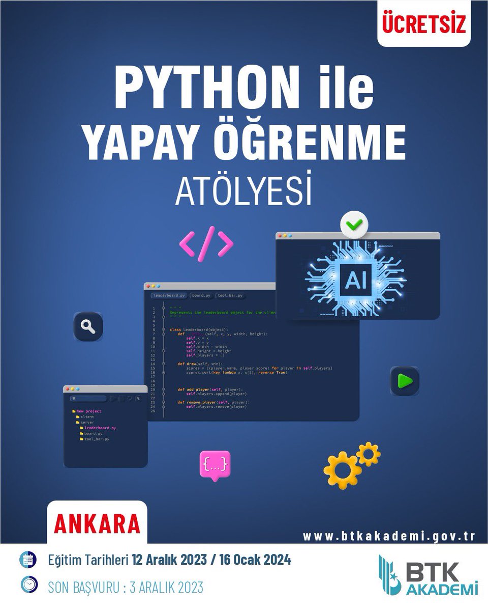 4 farklı şehirde eğitim yolculuğumuz başlıyor!👋🏻

Biz hazırız, ya siz?😎

📍Kayseri
“Makine Öğrenmesi Atölyesi”

📍Mersin
“Front-End Web Geliştirme Atölyesi”

📍Samsun
“Yapay Zeka Destekli Web Uygulamaları Geliştirme Atölyesi”

📍Ankara
“Python ile Yapay Öğrenme Atölyesi”
