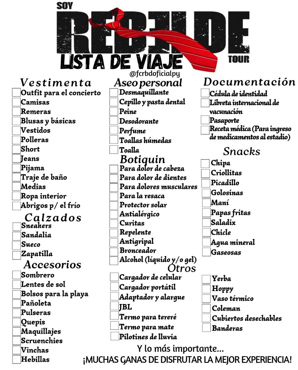 fcrbdoficialpy's tweet photo. Llegó noviembre y oficialmente comenzó la cuenta regresiva.
Venimos a recordarte algunas cosas que debes llevar en la maleta para que con la emoción no se te olvide nada 😌 https://t.co/fafRjuoiQ5