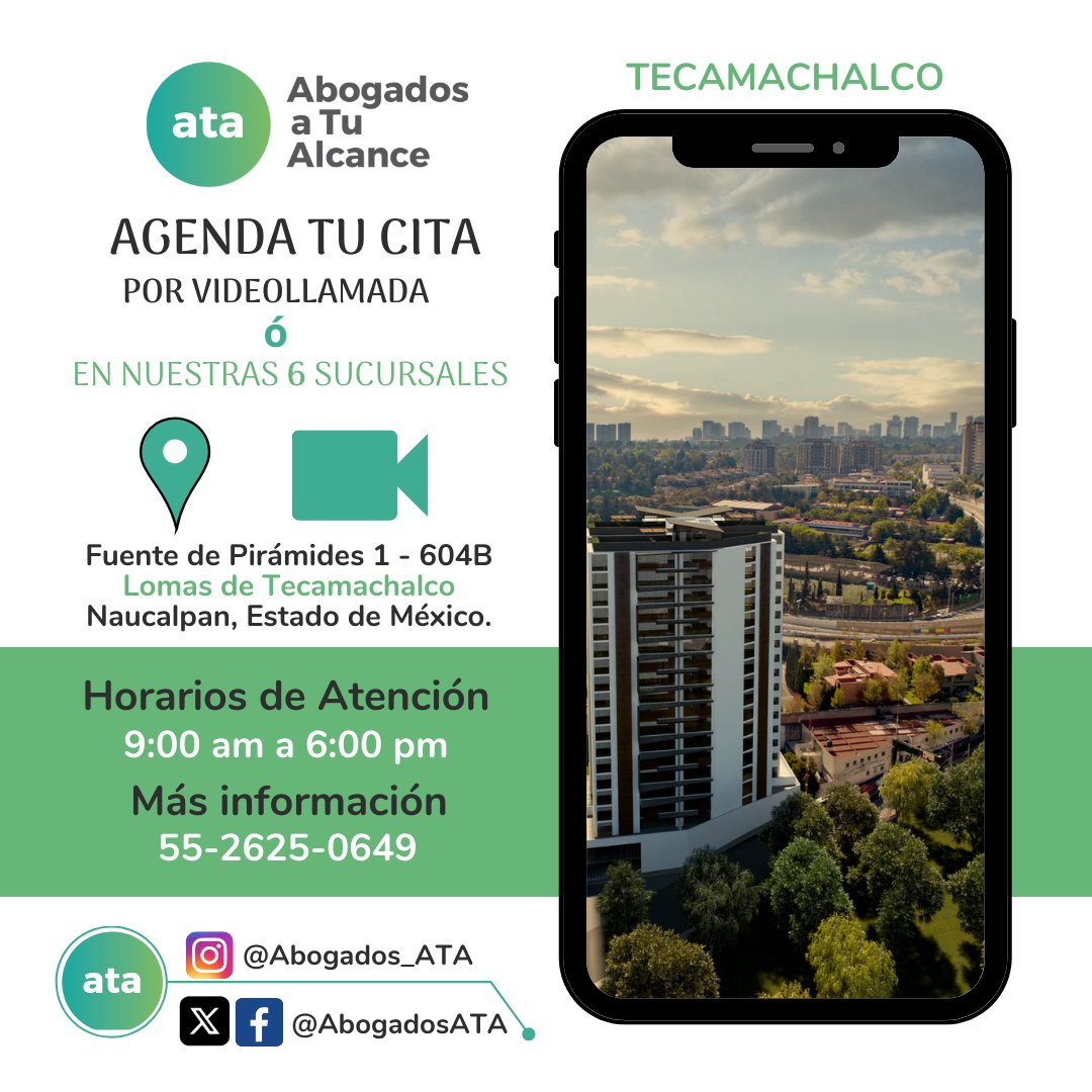 AbogadosATA's tweet photo. ¿Necesitas ayuda legal? ATA te escucha, te asesora y te acompaña.
¡Agenda hoy tu consulta por videollamada y obtén asesoramiento legal desde la comodidad de tu hogar! También puedes agendar en una de nuestras 6 oficinas para un trato personalizado y cercano. https://t.co/x9Y9RxH5zj
