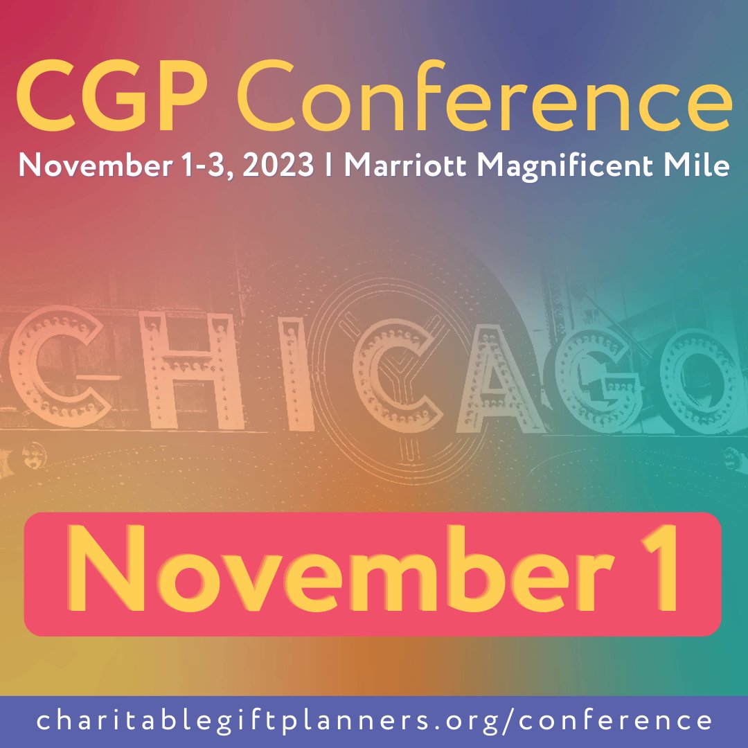 CGPnational's tweet image. Welcome to CGP Conference 2023! Check-in at the registration desk (7th floor) before 6:30 p.m. to pick up your conference badge. 
Not able to join us in Chicago? Stay up to date on the latest with the conference hashtag #CGPConference.

 #PlannedGiving #GiftPlanning #Philanthropy