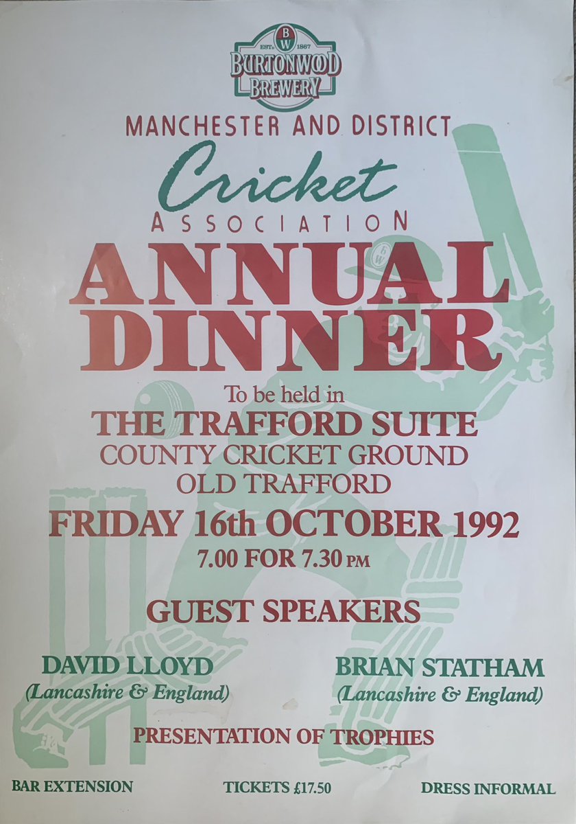 Sticking with the annual dinner theme is this poster for the centenary year event, when @BumbleCricket & the late Brian Statham were our speakers. Amongst the trophy winners in 1992 - the 3 Ws - @WiganCricket, @WidnesCricket & @WorsleyCC! Whilst @MontonCC took the HC Smith cup.