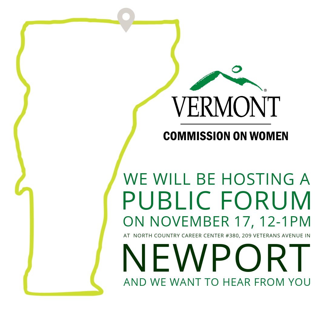 📢 Exciting news! Join us in Newport, VT for an engaging public forum hosted by the Vermont Commission on Women. Let's shape our community together! 🗣 Can’t make it? Meet us virtually: women.vermont.gov/vcw-embark-sta… #VCWForum #NewportVT #CommunityEngagement #EmpowerWomen"
