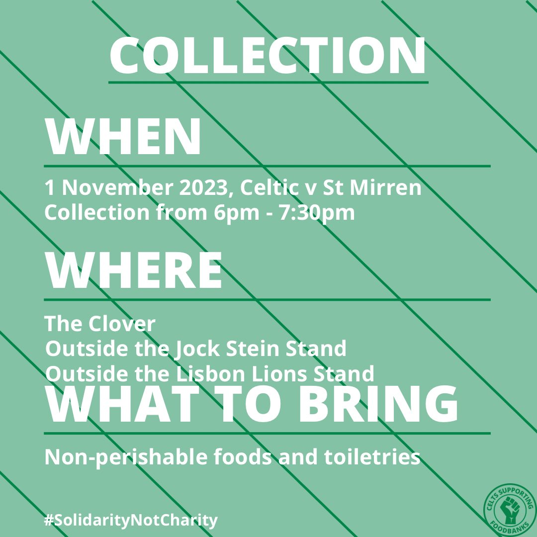 🍀 Reminder about tonight’s collection troops!

🤝 Please donate if you can, and if you think you could spare a bit of time with us before games let us know - we can’t function without volunteers, and the more we have, the more we can do.

#SolidarityNotCharity #RightToFood