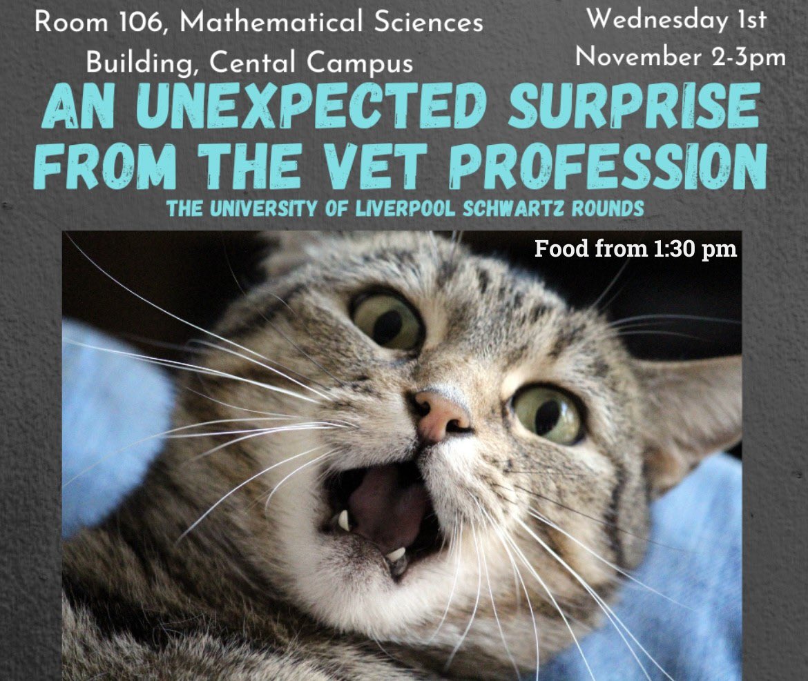 'An unexpected surprise from the veterinary profession' Schwartz Round today, Room 106, Maths Building - Central Campus. All invited to hear about the times being a vet or a vet student, really made you think 'well I never saw that coming!'. Contact <a href="/RobVetEducation/">Rob Campbell</a> for info.