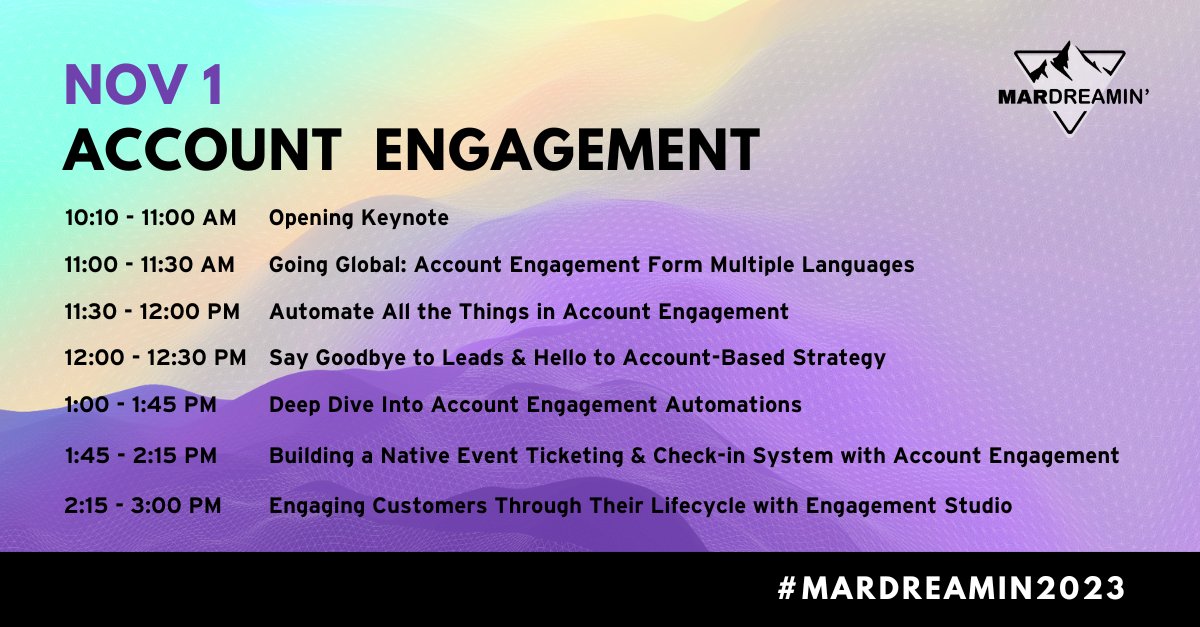 MarDreamin's tweet photo. It's Day 1 of MarDreamin! We have the opening keynote followed by expert sessions across 4 tracks, broken down in the images below for quick reference. 👇

Remember to stop by the Genius Bar and virtual booths. Have fun learning and getting new ideas! #MarDreamin2023 https://t.co/v2Jvqyr3hu