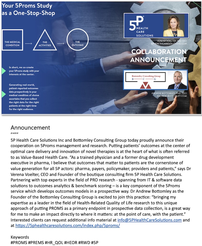 I am so delighted to announce our partnership with 5P Health Care Solutions Inc. Read our message   ⤵️

Keywords
#PROMS #PREMS #HR_QOL #HEOR #RWD