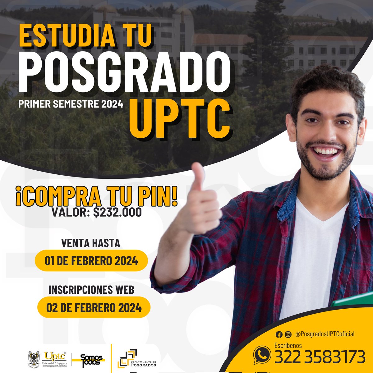 UPTCoficial's tweet photo. 👩🎓 ¿Buscas avanzar en tu carrera profesional? 💪
En la #UPTC, te brindamos la posibilidad de adquirir conocimientos especializados y fortalecer tus habilidades profesionales a través de nuestros programas de #PosgradoUPTC 👍
Más información 🖱️👇🏼
https://t.co/COGnsRTE6w https://t.co/Z5LLy9Dvts