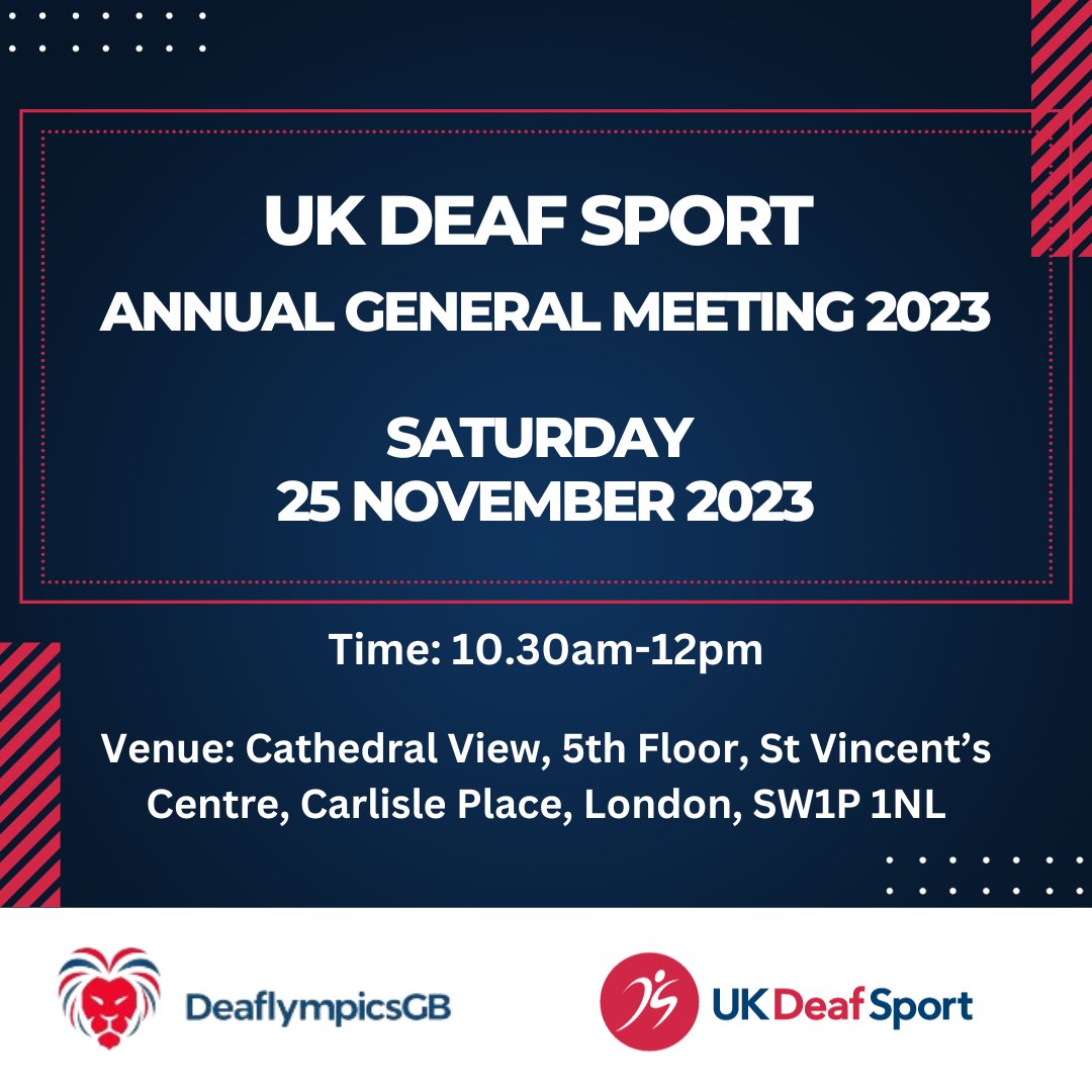 You are invited to the 2023 Annual General Meeting on Saturday 25 November in London. Attend in person or observe online. Book -eventbrite.co.uk/e/740733452697… Meet Board Directors, staff, ask questions & meet new Chair of the Board. #AGM #deafsport #deaflympicsgb #ukdeafsport