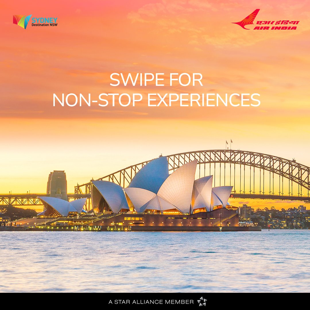 airindia's tweet photo. Enjoy non-stop experiences, by spending less time in the air and more time in Sydney. Save your travel time with direct flights from Delhi to Sydney.
@destinationnsw
#FlyAI #AirIndia #DestinationSydney #NonStopExperiences #NonStopFlying https://t.co/nloD6zIxc8