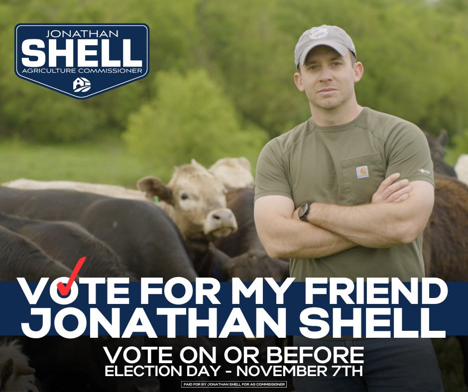agtim's tweet image. Please vote for Jonathan Shell as our new Commissioner of Agriculture. Traditional Election Day is one week away on November 7, but early voting begins on Thursday, November 2. Jonathan has the leadership &amp;amp; agricultural experience to be an excellent advocate for KY.