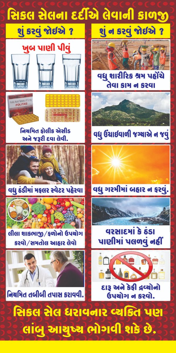 HealthDeptGuj's tweet photo. ▶️ સિકલસેલ ના દર્દીએ શું કાળજી લેવી જોઈએ ?..

 ➡️ સિકલસેલ ધરાવનાર વ્યક્તિ પણ લાબું આયુષ્ય ભોગવી શકે છે....
#sicklecell
#HealthForAll
#SwasthaBharat
#AyushmanBharat https://t.co/XKfGsceNYU