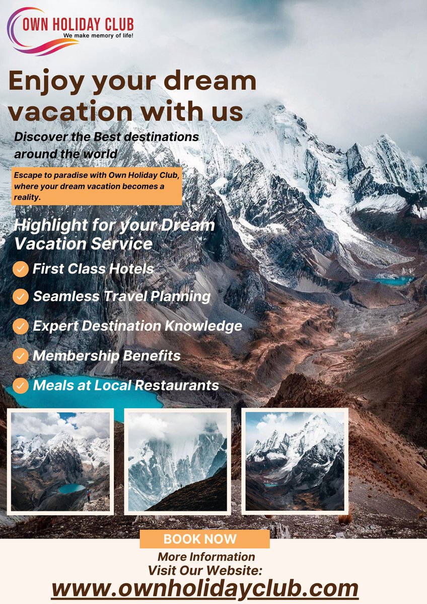 ownholidayclub's tweet image. 🌴☀️ Enjoy Your Dream Vacation with us! ☀️🌴

At Own Holiday Club, we're dedicated to making your dream 
vacation a reality, and here's how we do it:
✈️ #Hassle-#Free #Travel: 
🌍 #Global #Adventures: 
🏡 #Luxury #Accommodations: 
🌟 #Memorable #Experiences: 
💫#OwnHolidayClub