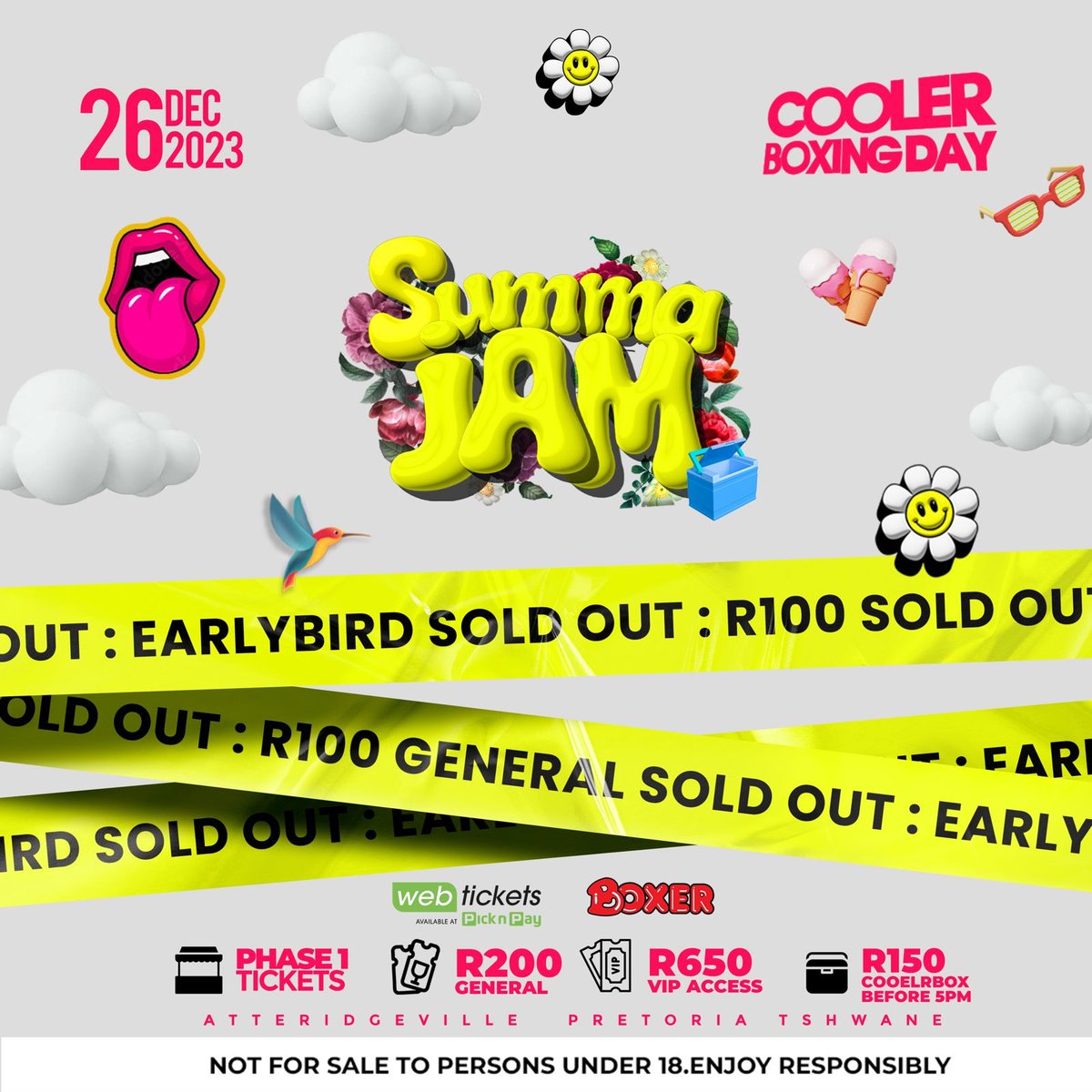 coolerboxingday's tweet photo. The Early bird has flown away! But worry not 👇🏽

🎫🎟️ Phase 1 of Tickets for the JAM of all JAMS are now available from 👇🏽

Web tickets 👉🏽 https://t.co/PngCL9otgn
Or any
Pick ‘n Pay or Boxer outlets ‼️

#CoolerboxingDay 
#SummaJam 
#Pheli26 https://t.co/6XxHl3V8cj