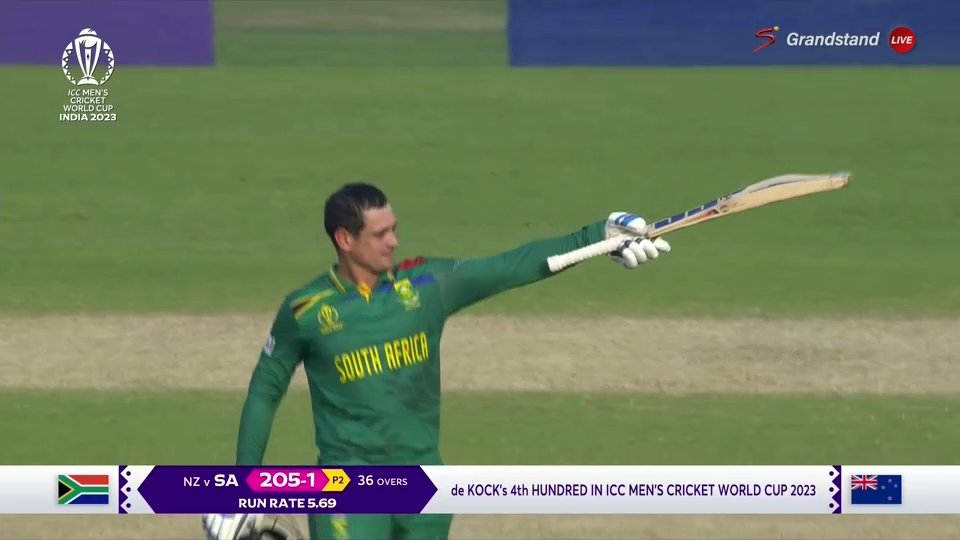 SuperSportTV's tweet photo. 🇿🇦 211-1 after 36.3 overs 

Quinton de Kock brings up his fourth hundred at the #CWC23 in style 🤩

📺 Stream #NZvSA live: https://t.co/ACEUH7ehZ3  #CWC23

#BePartOfIt https://t.co/W1jHWAR8vB