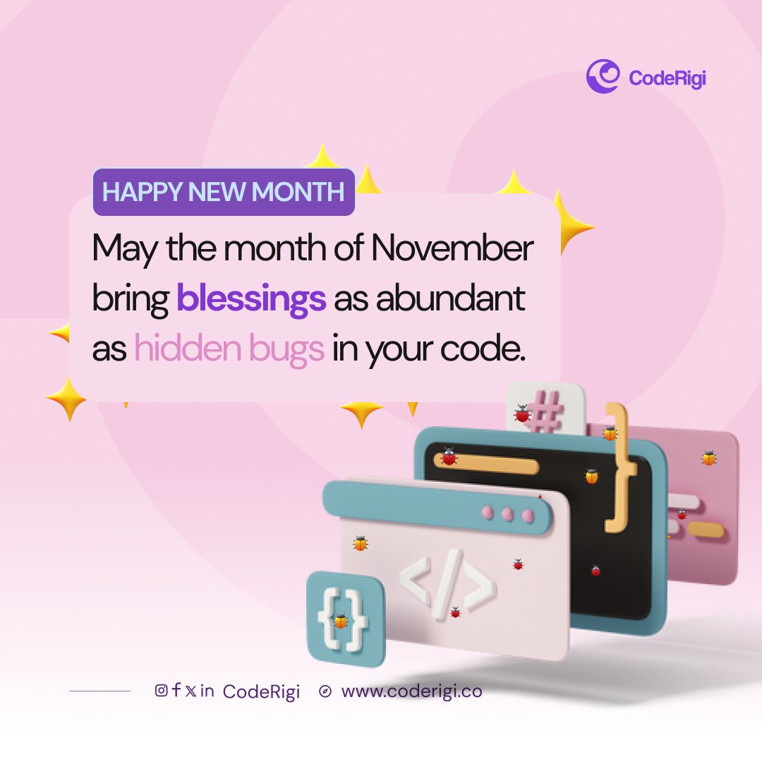 coderigi_'s tweet image. Happy New Month! May your blessings be as numerous as the bugs in the code😁🥂

Mention the number of bugs you see in the code in the comment section.

#CodeRigi #november #happynewmonth #softwaredevelopment #bugs #blessings