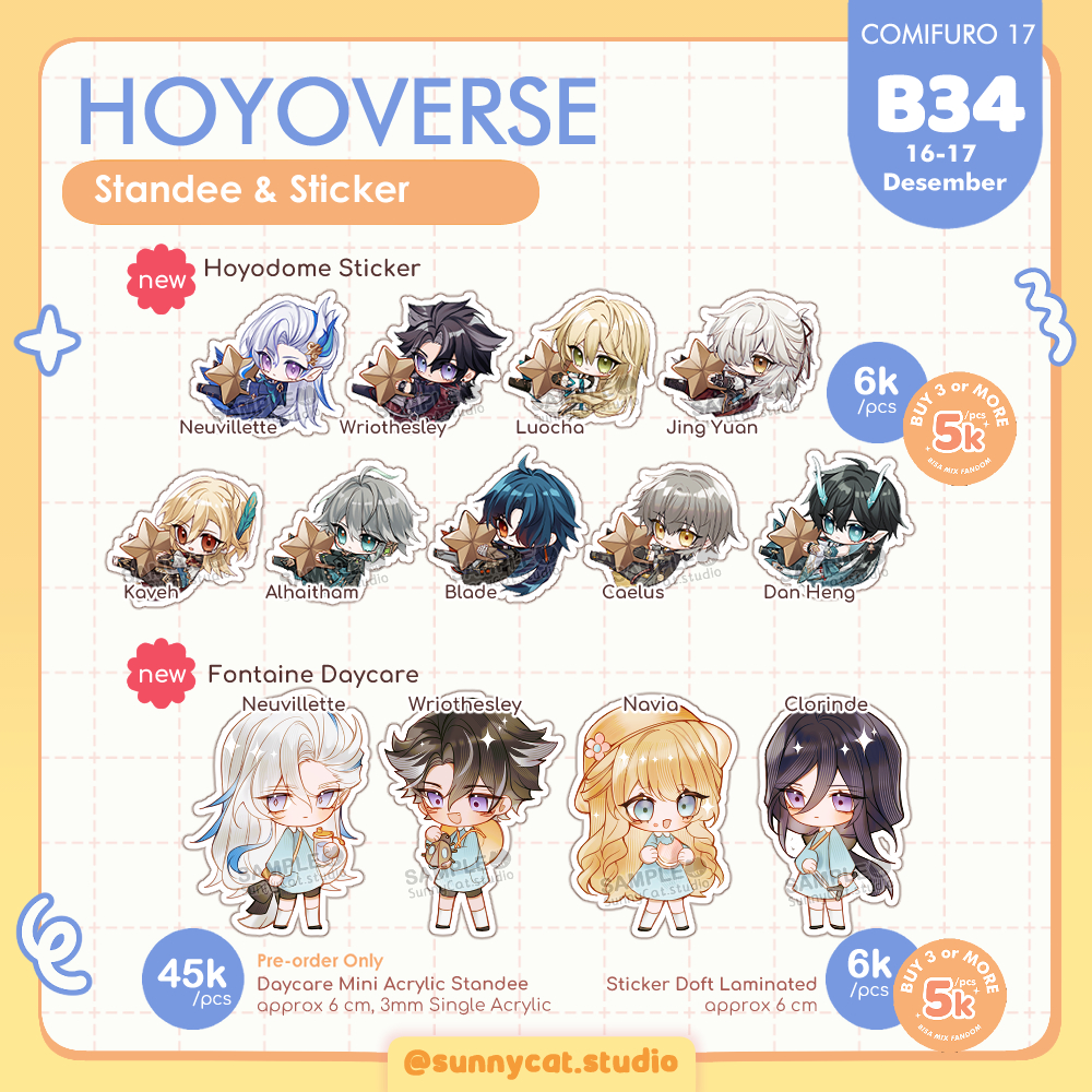 #Comifuro17 #CF17  Open Pre-Order BATCH 2!
Booth: SunnyCat Studio B-34 Day 1-2
🗓️ 1-15 November 2023
🔗 Form PO: bit.ly/POSunnycat2

RT is appreciated! 🥹✨
#Genshinlmpact #HonkaiStarRail