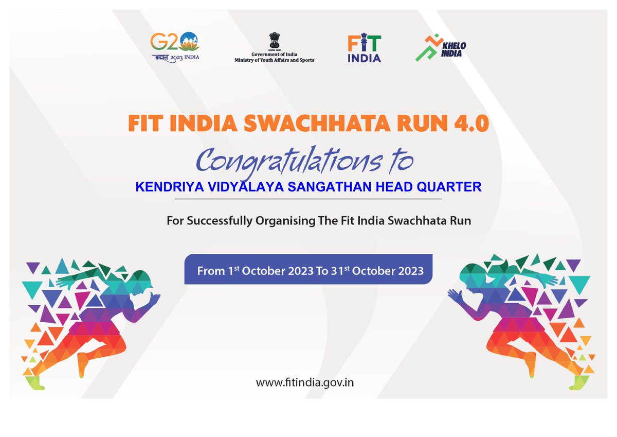 स्वच्छ भारत-स्वस्थ भारत

#KVS is proud to receive a certificate for successfully organizing Fit India Swachhata Freedom Run 4.0, a month long campaign dedicated to fitness and cleanliness.

Cheers to all #KVians!

#FitIndia #SwachhtaRun
#FitIndiaSwachhataRun