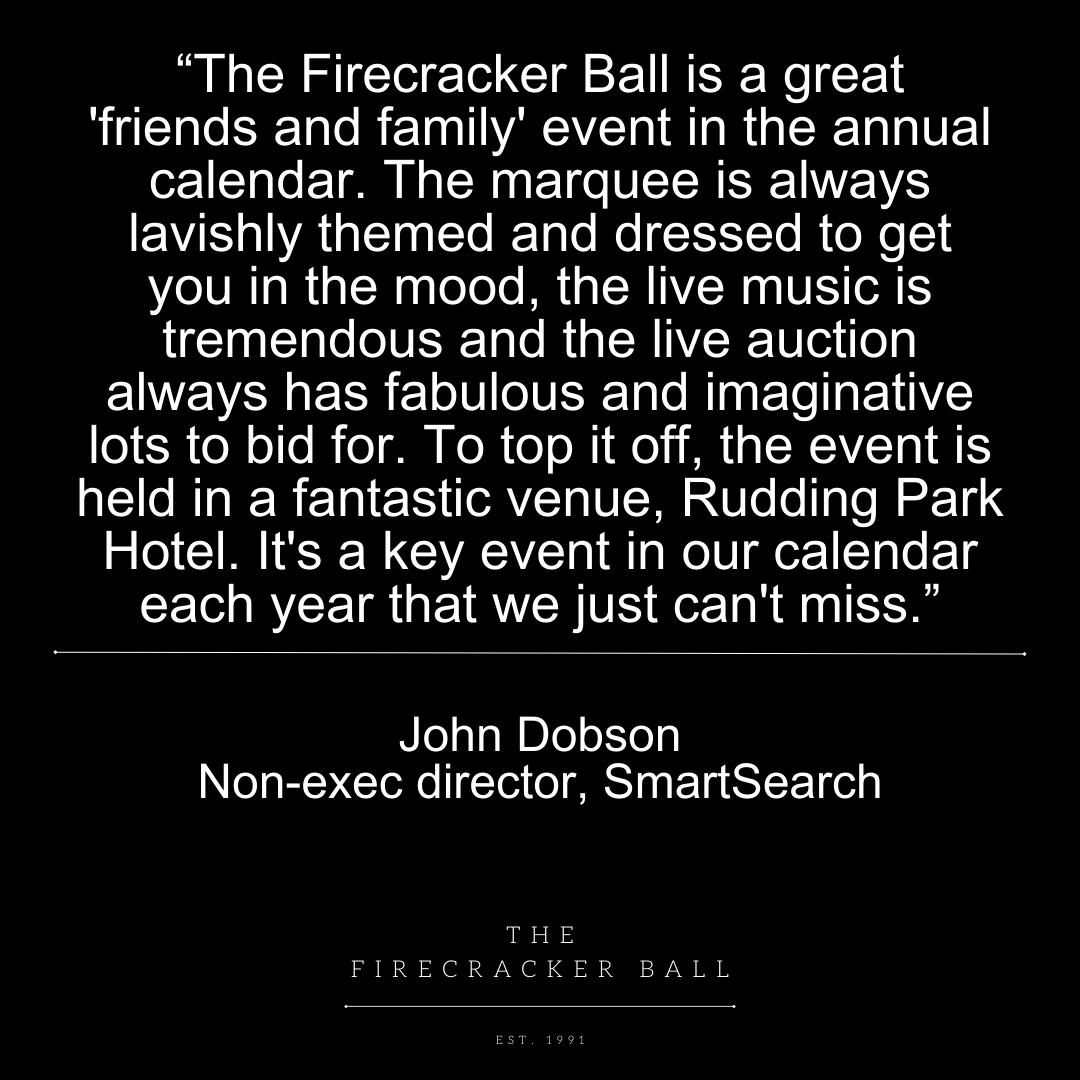 FirecrackerBall's tweet photo. As we're nearing #Firecracker23 we wanted to share more brilliant feedback, this time from @smartsearchuk's non-exec director, John Dobson.
#Charity #FirecrackerBall #Firecracker23 https://t.co/hukxYNzOcl