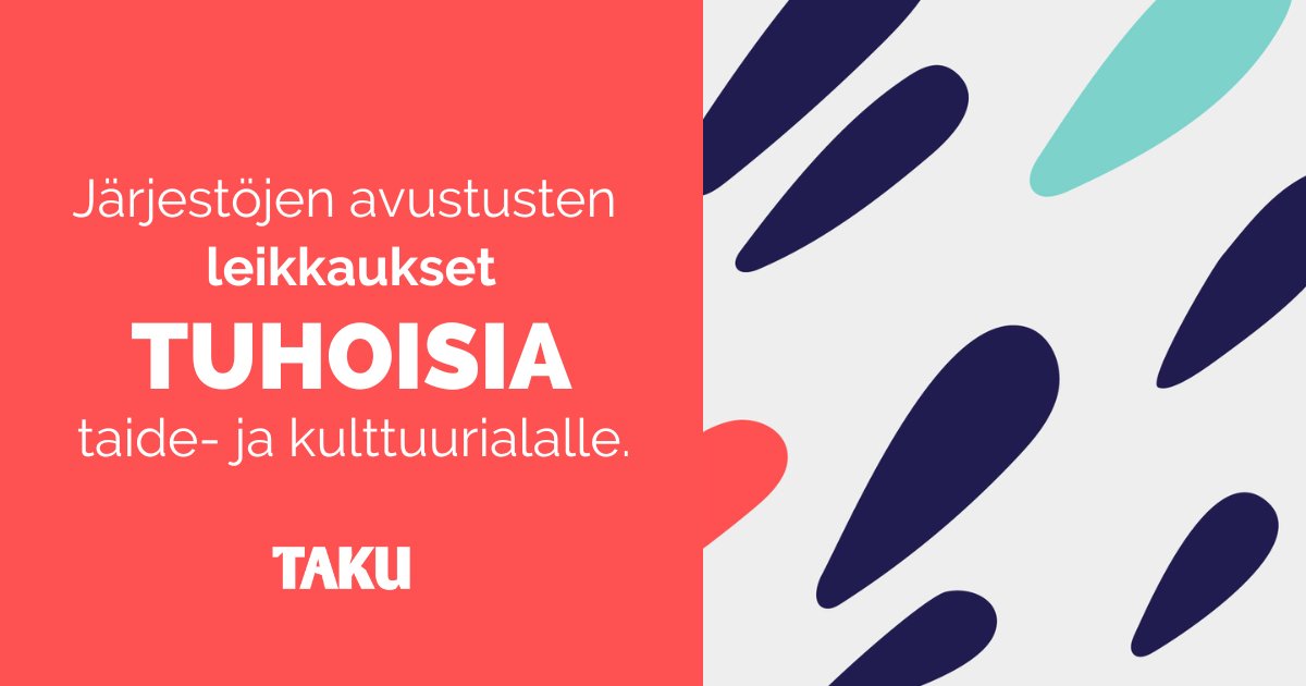 ‼️Järjestöjen valtionavustuksiin suunnitellut leikkaukset uhkaavat taide- ja kulttuurialan perustaa. Vaarana on tukipalvelujen ja -rakenteiden näivettyminen sekä irtisanomisten aalto. 

#taideala #kulttuuriala #budjetti #valtionavustus 

‼️Lue kannanotto: taku.fi/leikkaukset-va…