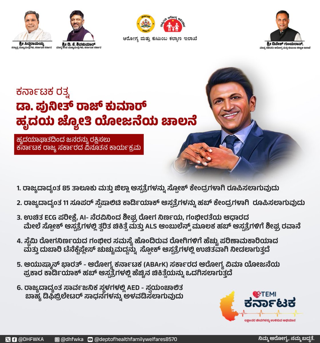nhmkarantaka's tweet photo. ಕರ್ನಾಟಕ ಸರ್ಕಾರವು ಬಹುನಿರೀಕ್ಷಿತ  'ಕರ್ನಾಟಕ ರತ್ನ ಡಾ. ಪುನೀತ್ ರಾಜಕುಮಾರ್ ಹೃದಯ ಜ್ಯೋತಿ ಯೋಜನೆ'ಯನ್ನು ಜಾರಿಗೊಳಿಸಿದ್ದು ಹೃದಯಾಘಾತಕ್ಕೆ ಒಳಗಾಗುವ ರೋಗಿಗಳಿಗೆ ಅತ್ಯಮೂಲ್ಯವಾದ 'ಸುವರ್ಣ ಸಮಯ'ದಲ್ಲಿ(Golden Hour) ಸೂಕ್ತ ಚಿಕಿತ್ಸೆ ಒದಗಿಸುವ ನಮ್ಮ ಬದ್ಧತೆಗೆ ಸಾಕ್ಷಿಯಾಗಿದೆ. 

1/2 https://t.co/8VDDmnbeXr